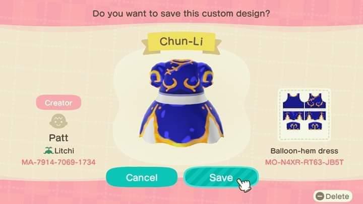 Animal Crossing Design Code: MO-N4XR-RT63-JB5T Chun-Li cosplay