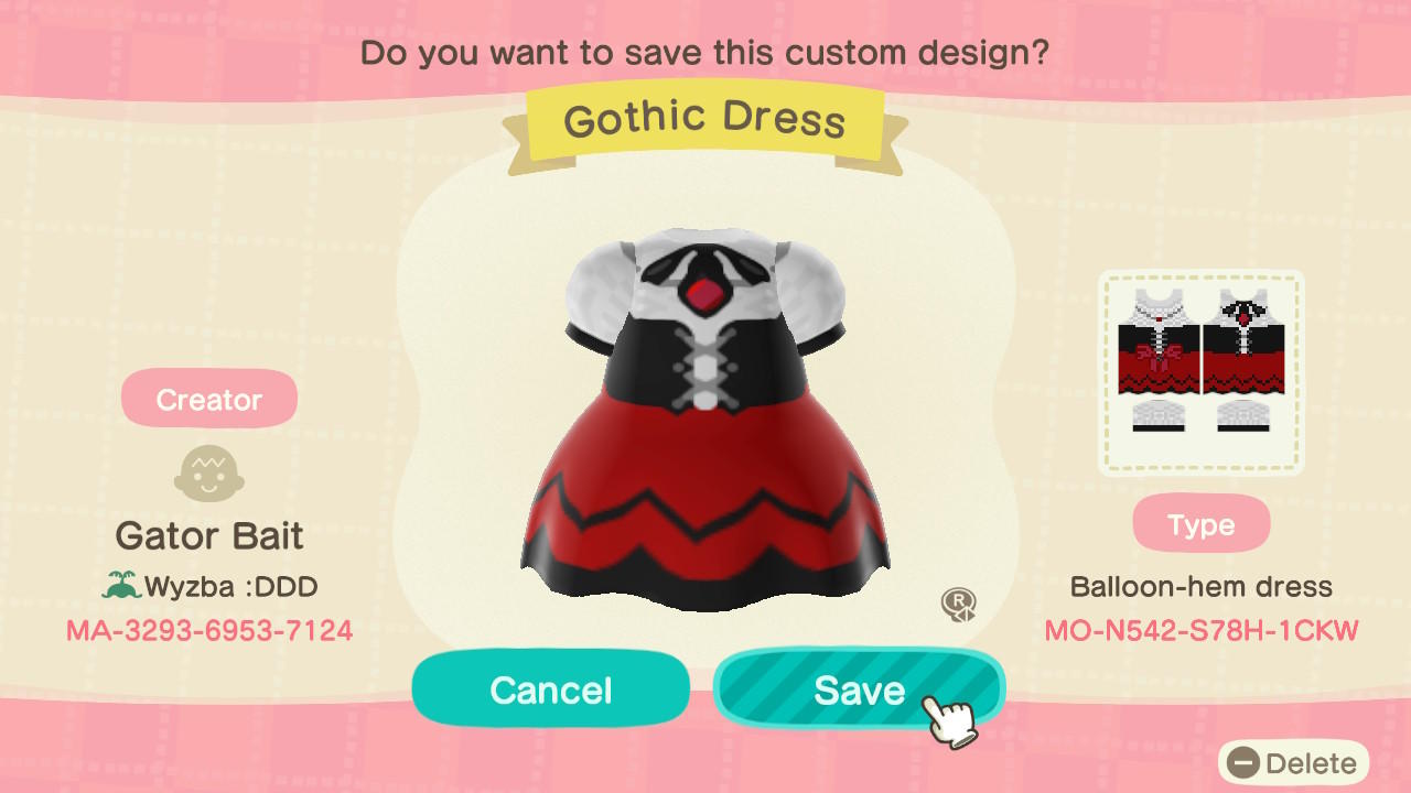 Animal Crossing Design Code: MO-N542-S78H-1CKW Gothic Dress