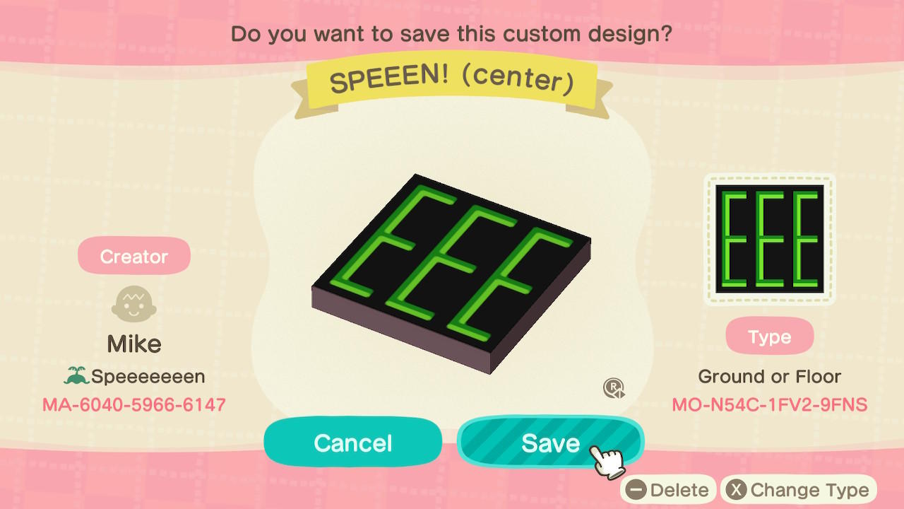 Animal Crossing Design Code: MO-N54C-1FV2-9FNS SPEEEN! (center)