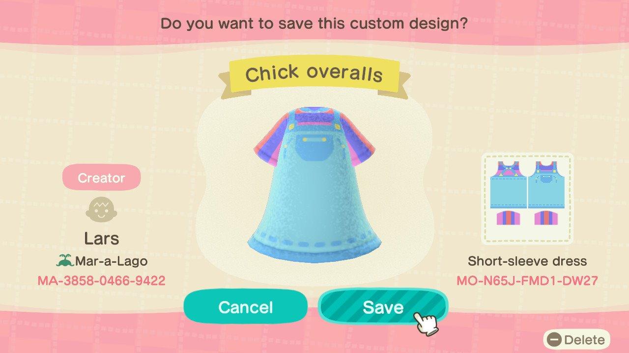 Animal Crossing Design Code: MO-N65J-FMD1-DW27 Chick overalls