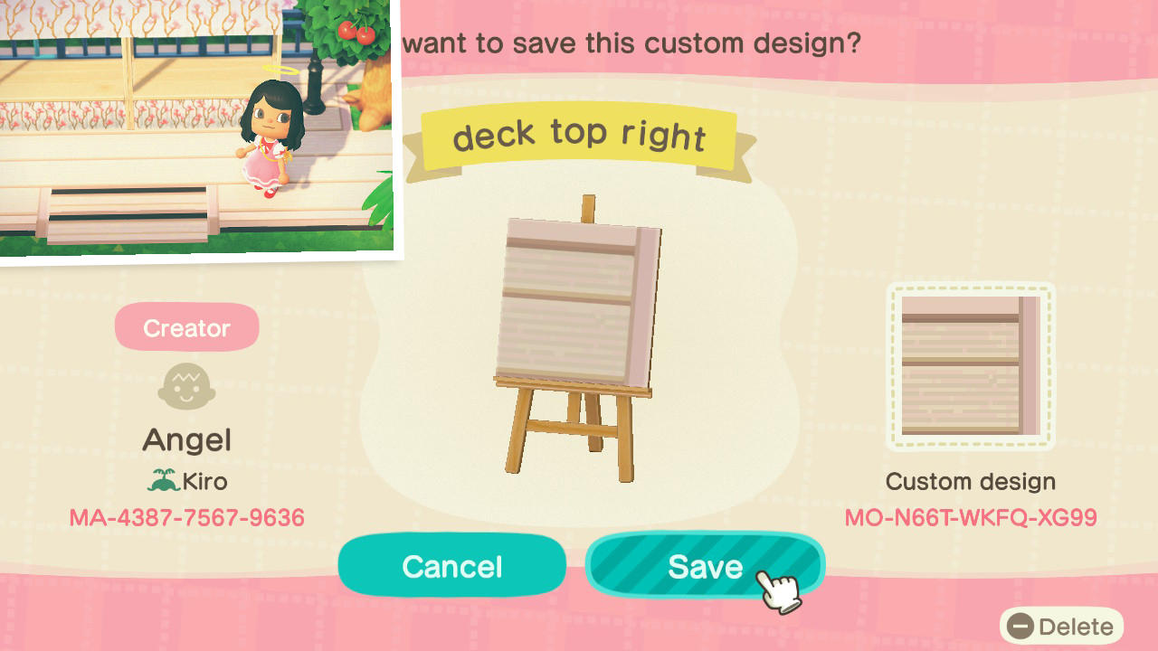 Animal Crossing Design Code: MO-N66T-WKFQ-XG99 deck top right