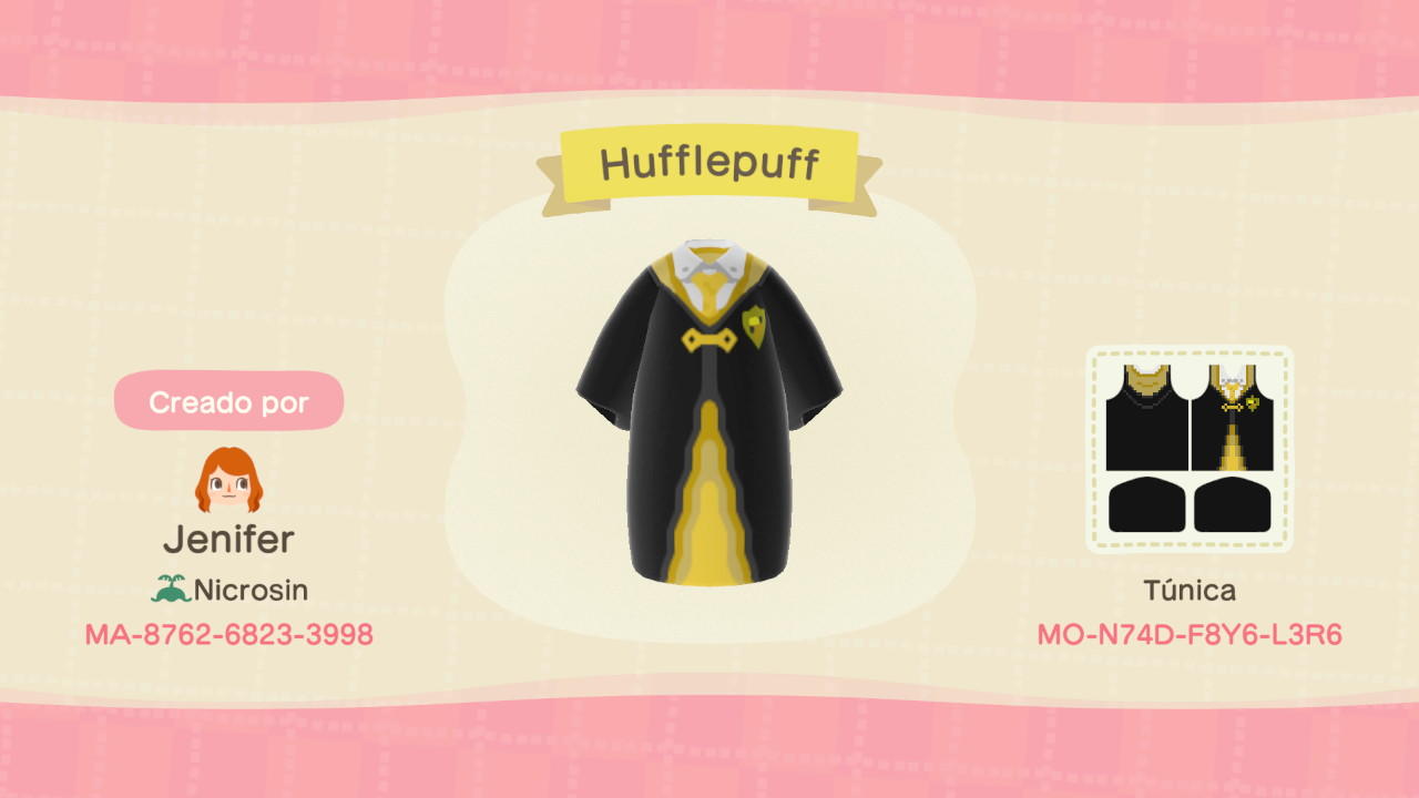 Animal Crossing Design Code: MO-N74D-F8Y6-L3R6 Hufflepuff robe