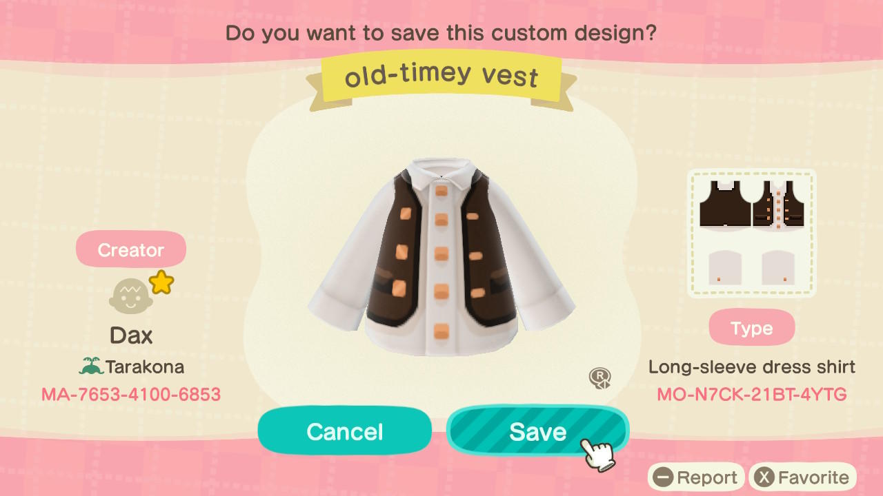 Animal Crossing Design Code: MO-N7CK-21BT-4YTG Old-Timey Vest