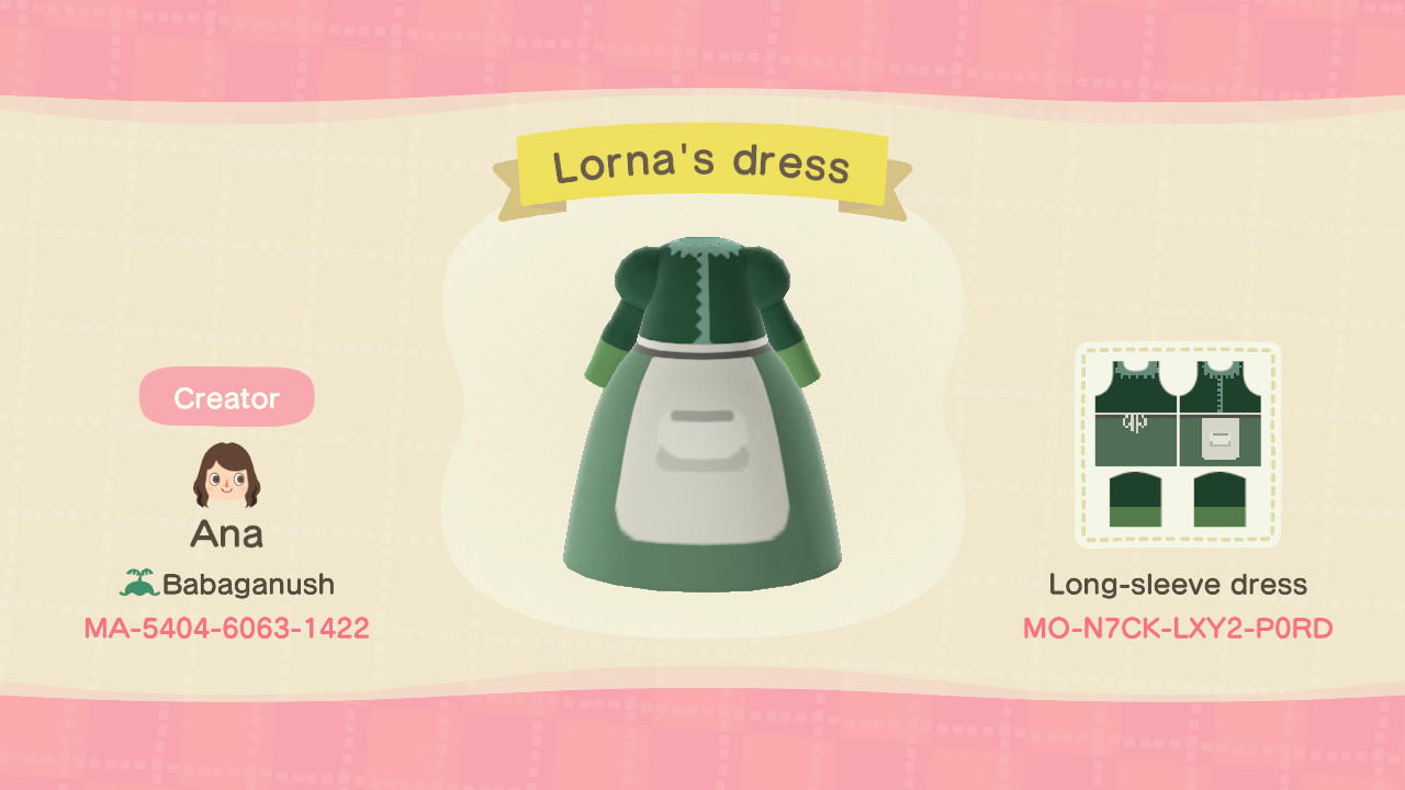 Animal Crossing Design Code: MO-N7CK-LXY2-P0RD Lornaâ€™s dress