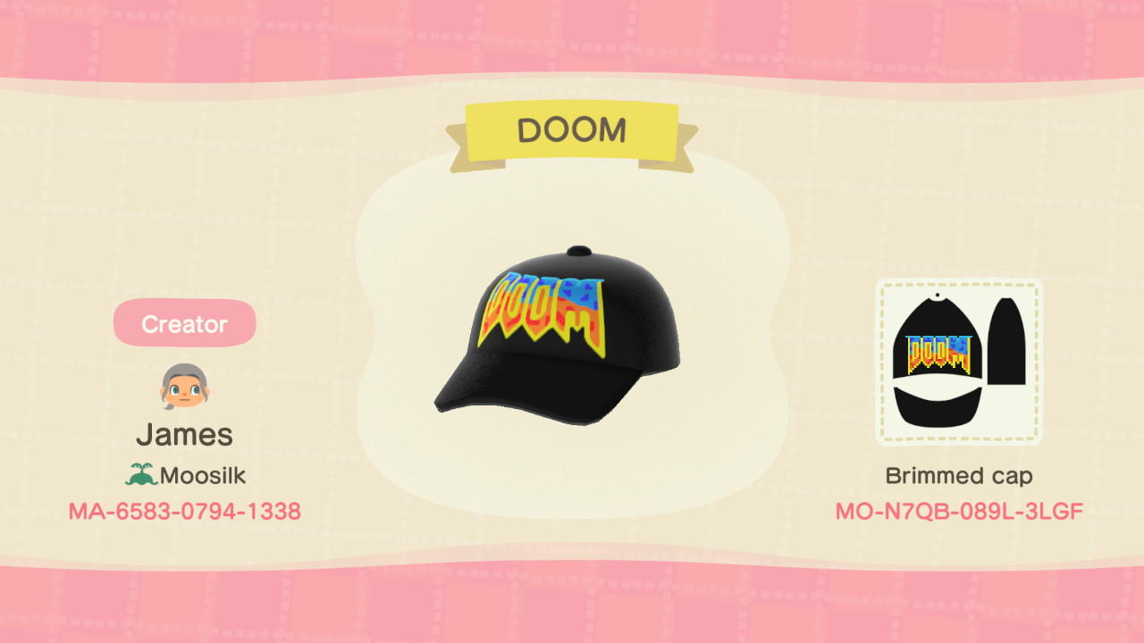 Animal Crossing Design Code: MO-N7QB-089L-3LGF Classic DOOM Cap