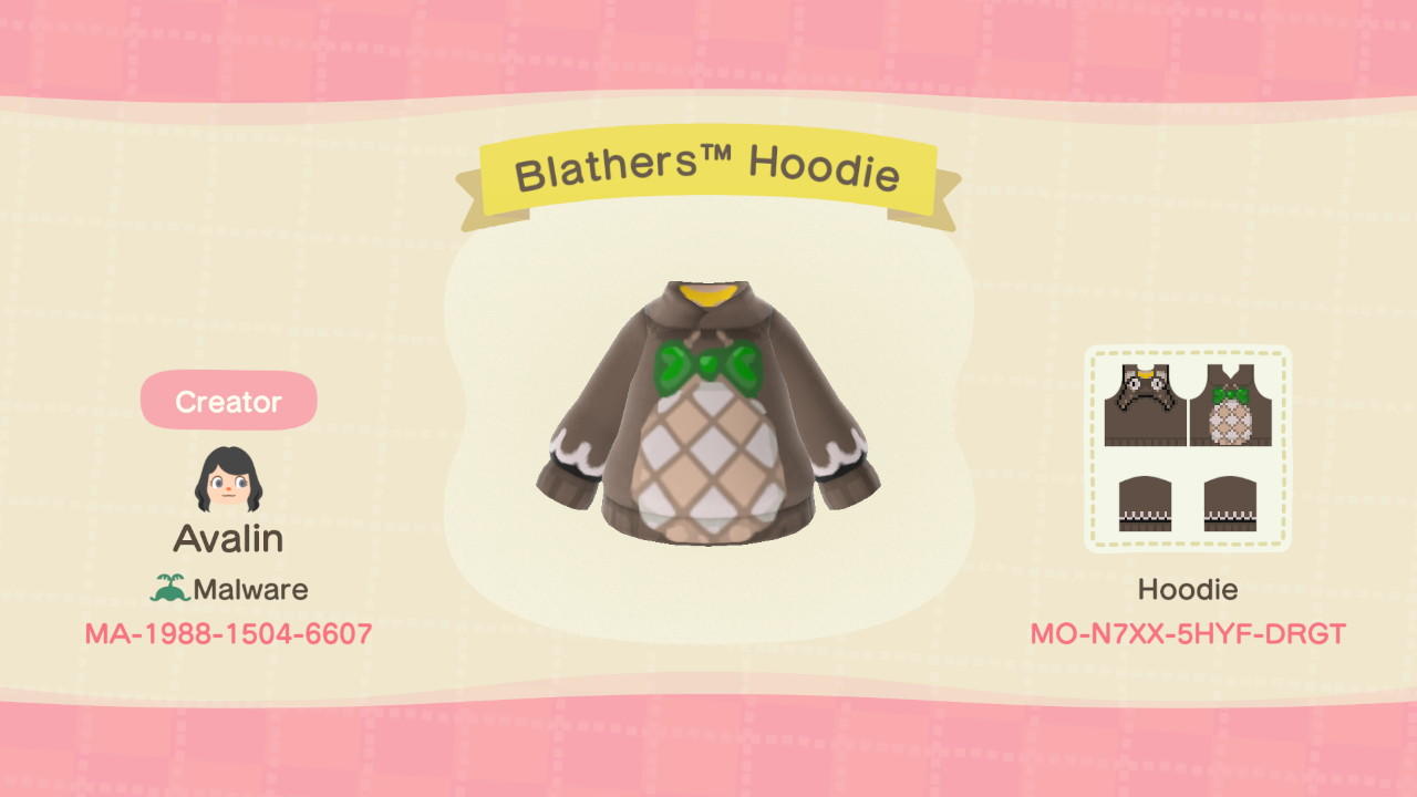 Animal Crossing Design Code: MO-N7XX-5HYF-DRGT Blathers™ Hoodie