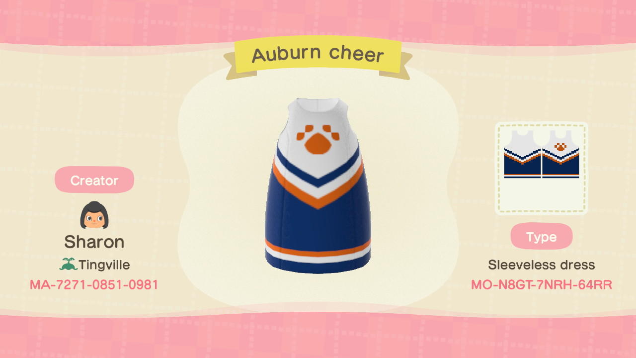 Animal Crossing Design Code: MO-N8GT-7NRH-64RR Auburn cheerleader
