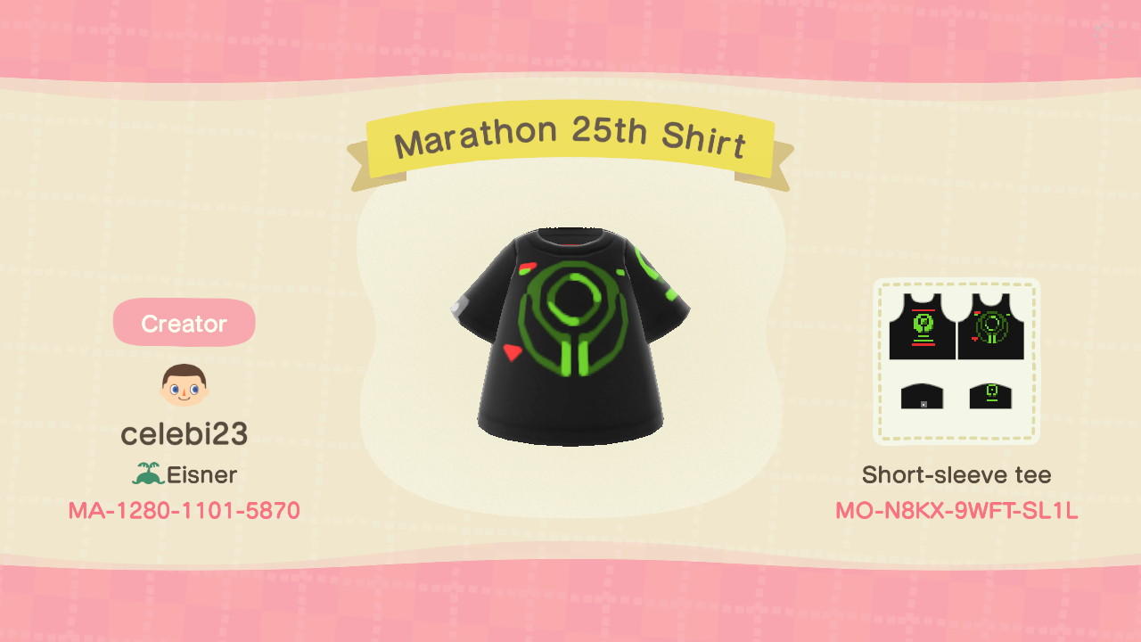 Animal Crossing Design Code: MO-N8KX-9WFT-SL1L Marathon 25th Shirt