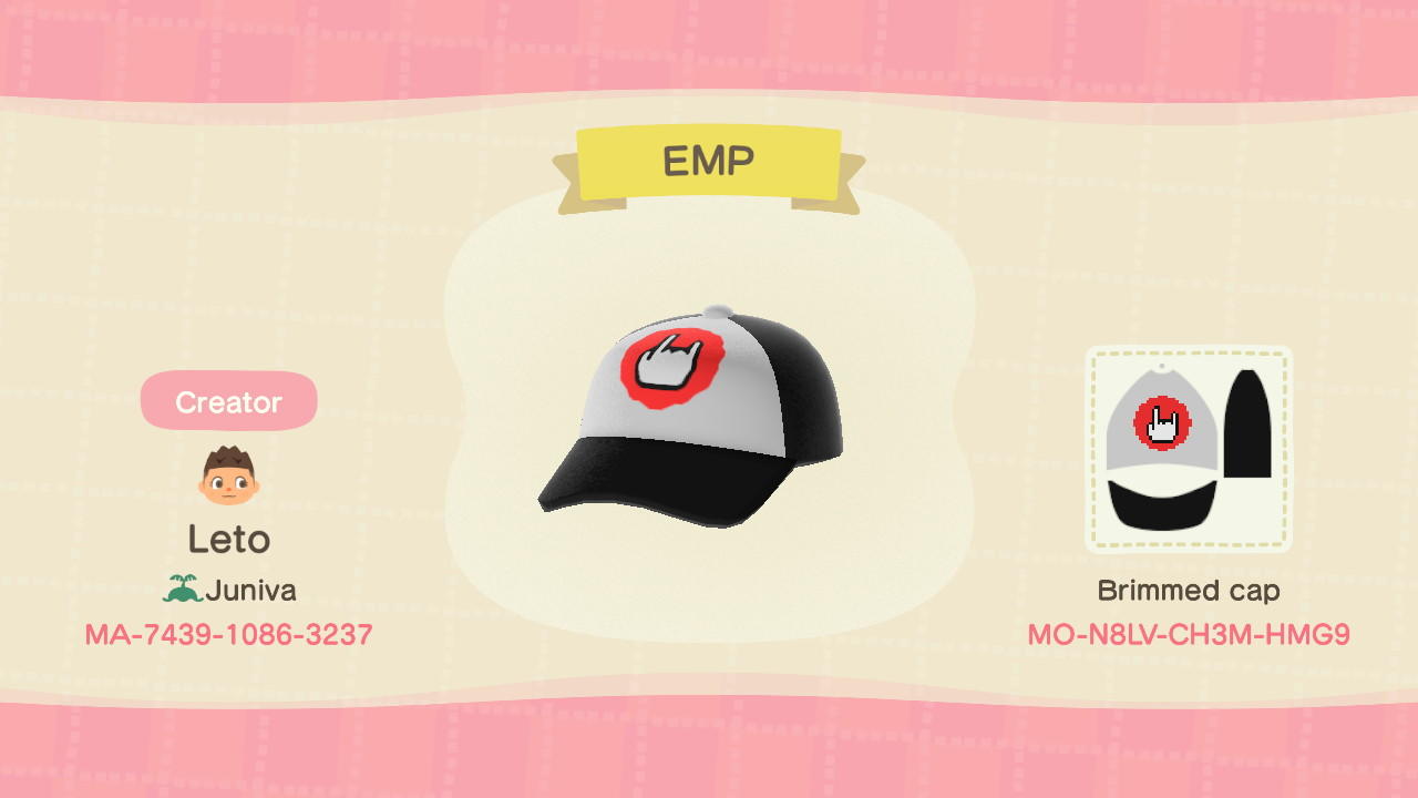 Animal Crossing Design Code: MO-N8LV-CH3M-HMG9 EMP logo hat