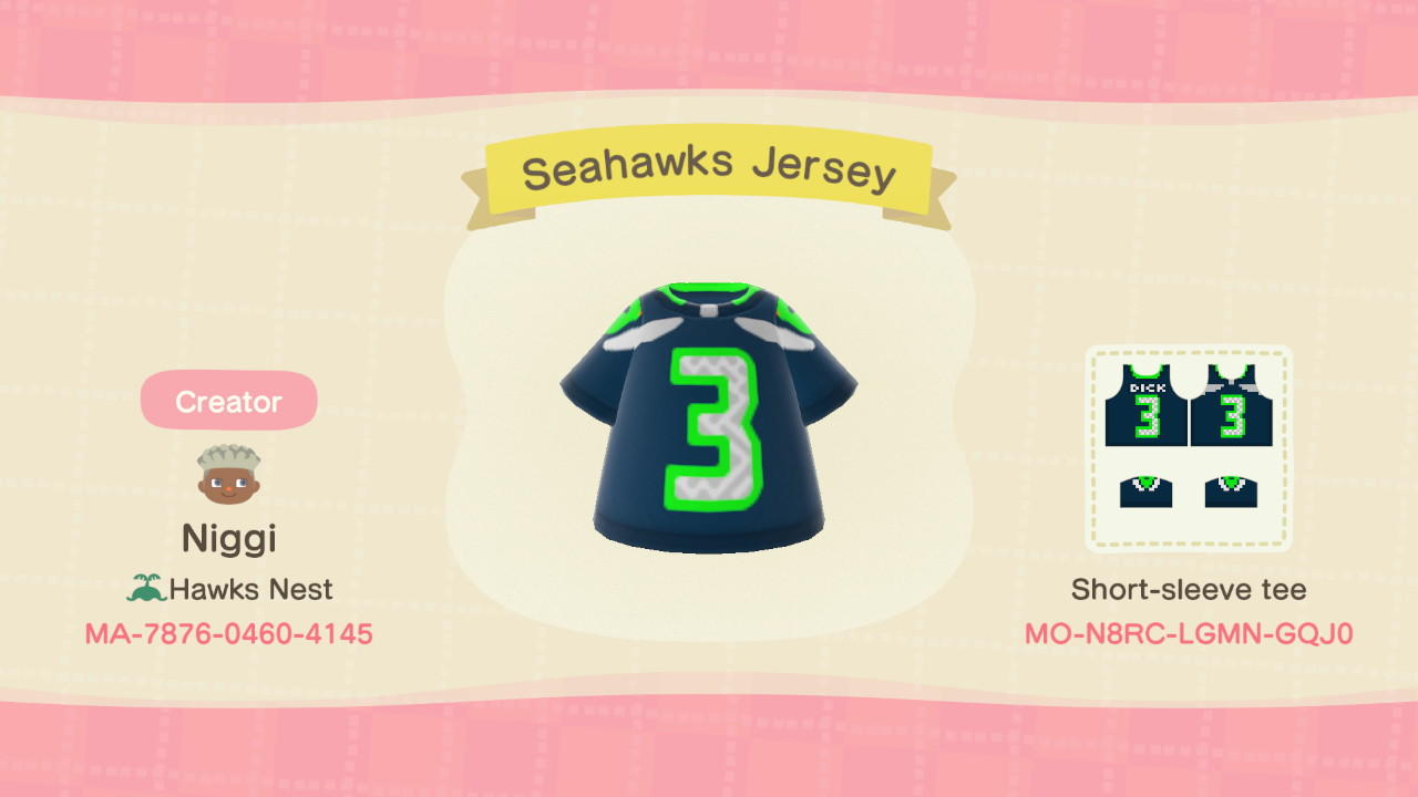 Animal Crossing Design Code: MO-N8RC-LGMN-GQJ0 Seahawks Jersey