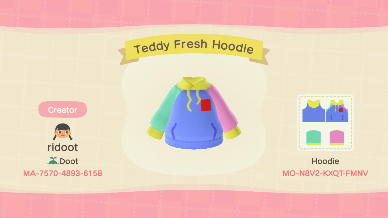 Animal Crossing Design Code: MO-N8V2-KXQT-FMNV Teddy Fresh Hoodie