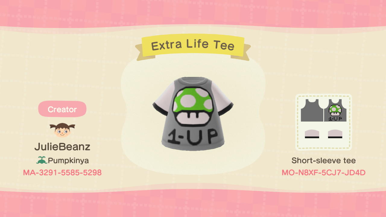 Animal Crossing Design Code: MO-N8XF-5CJ7-JD4D 1 Up Extra Life Tee