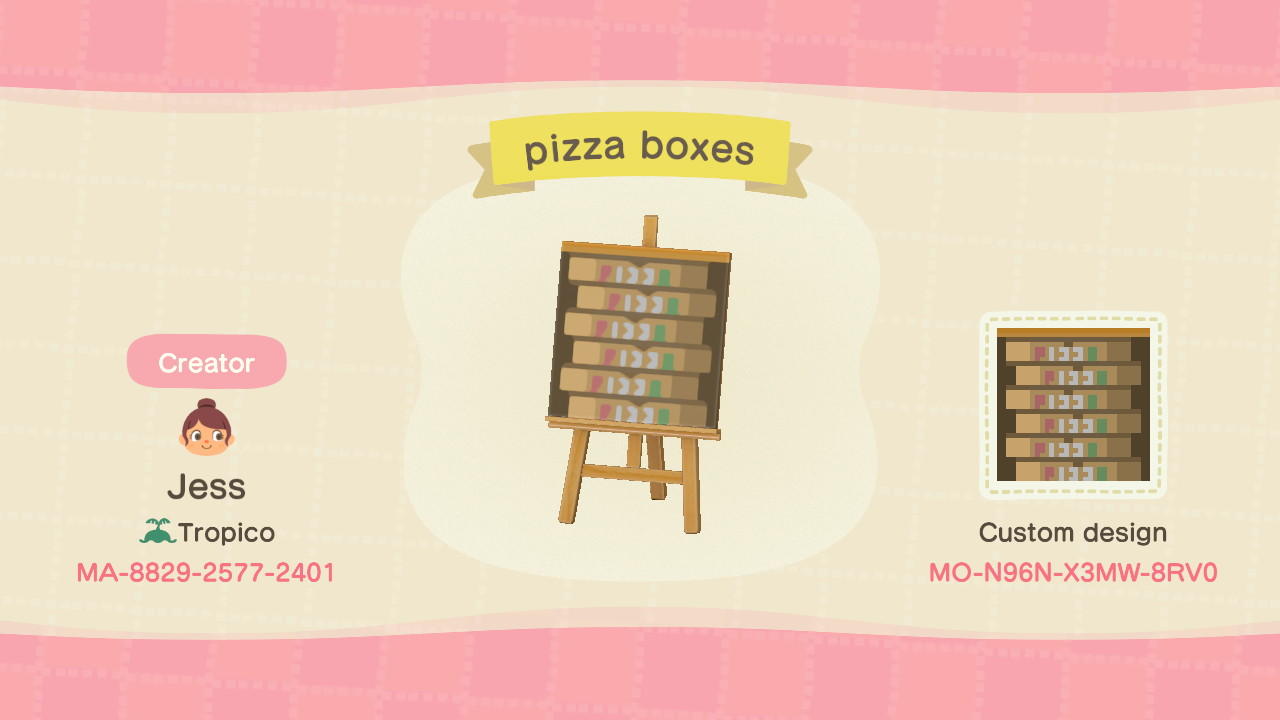 Animal Crossing Design Code: MO-N96N-X3MW-8RV0 Pizza Boxes
