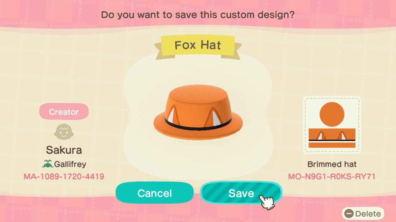 Animal Crossing Design Code: MO-N9G1-R0KS-RY71 Fox Hat