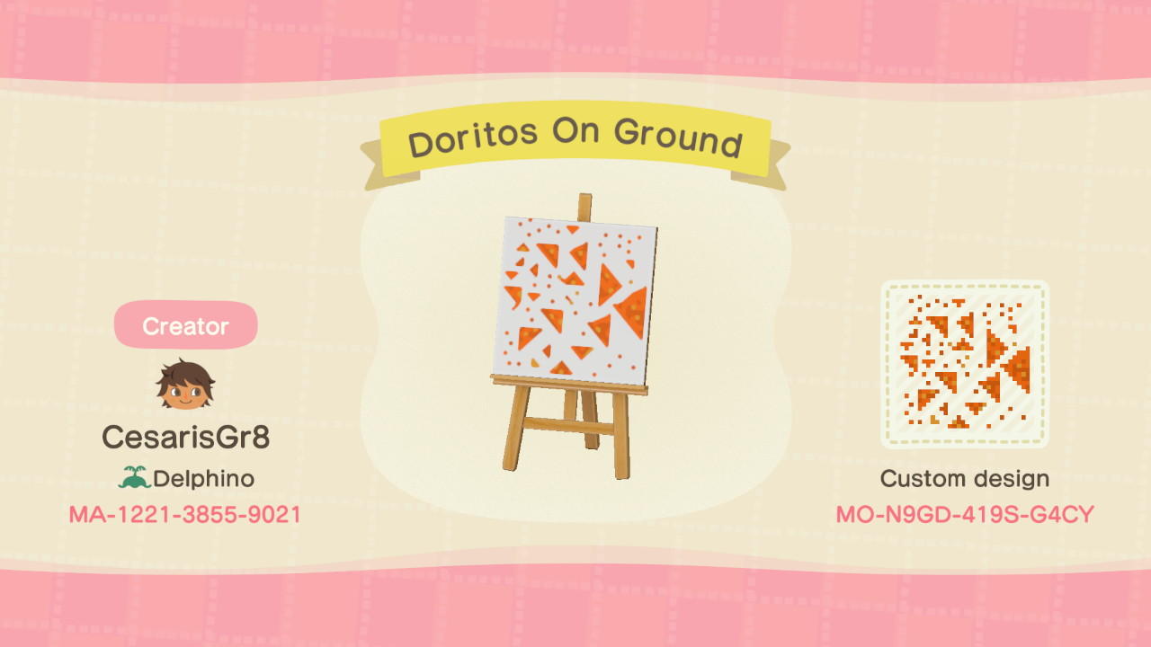 Animal Crossing Design Code: MO-N9GD-419S-G4CY Doritos on Ground