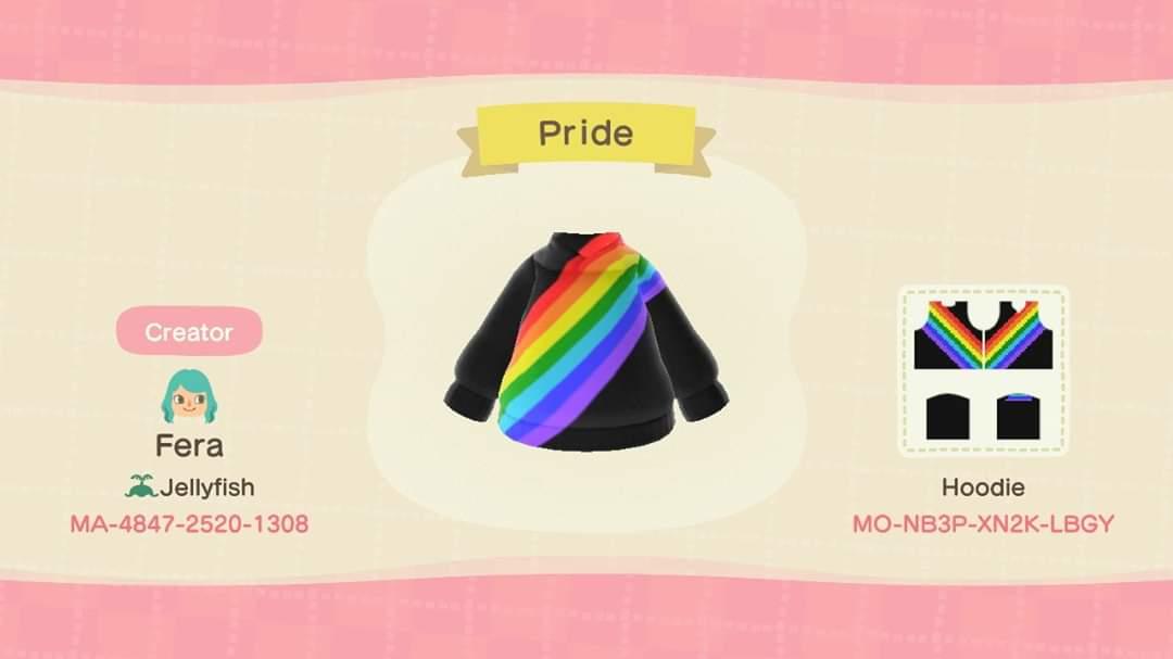 Animal Crossing Design Code: MO-NB3P-XN2K-LBGY Rainbow Pride Hoodie