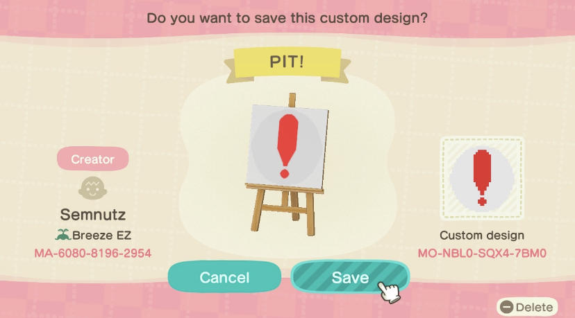 Animal Crossing Design Code: MO-NBL0-SQX4-7BM0 PIT!