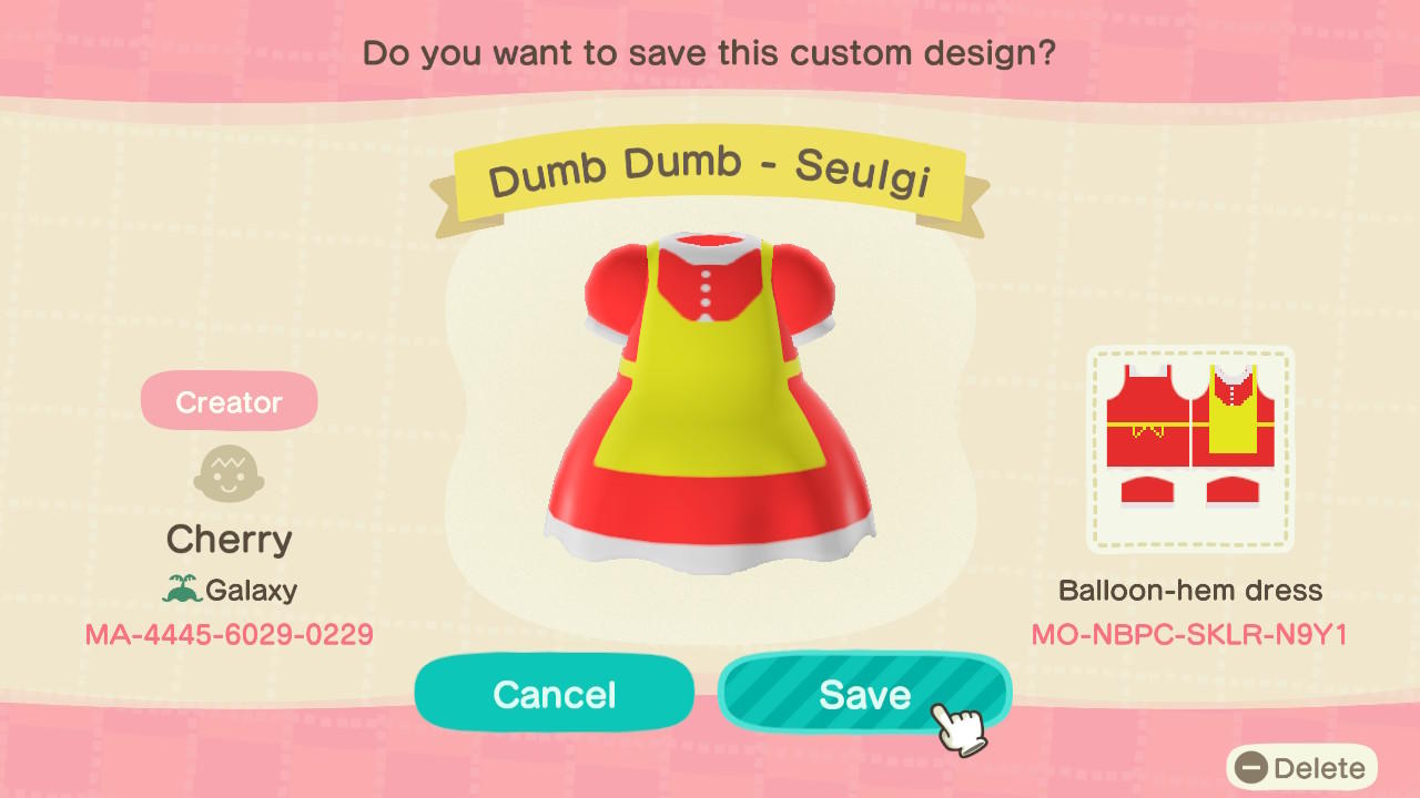 Animal Crossing Design Code: MO-NBPC-SKLR-N9Y1 Dumb Dumb - Seulgi
