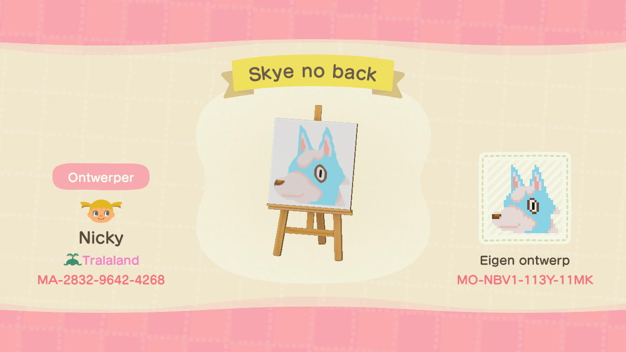 Animal Crossing Design Code: MO-NBV1-113Y-11MK Skye no back
