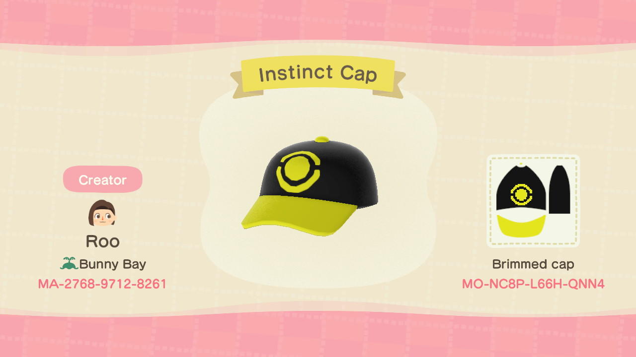 Animal Crossing Design Code: MO-NC8P-L66H-QNN4 Instinct Cap
