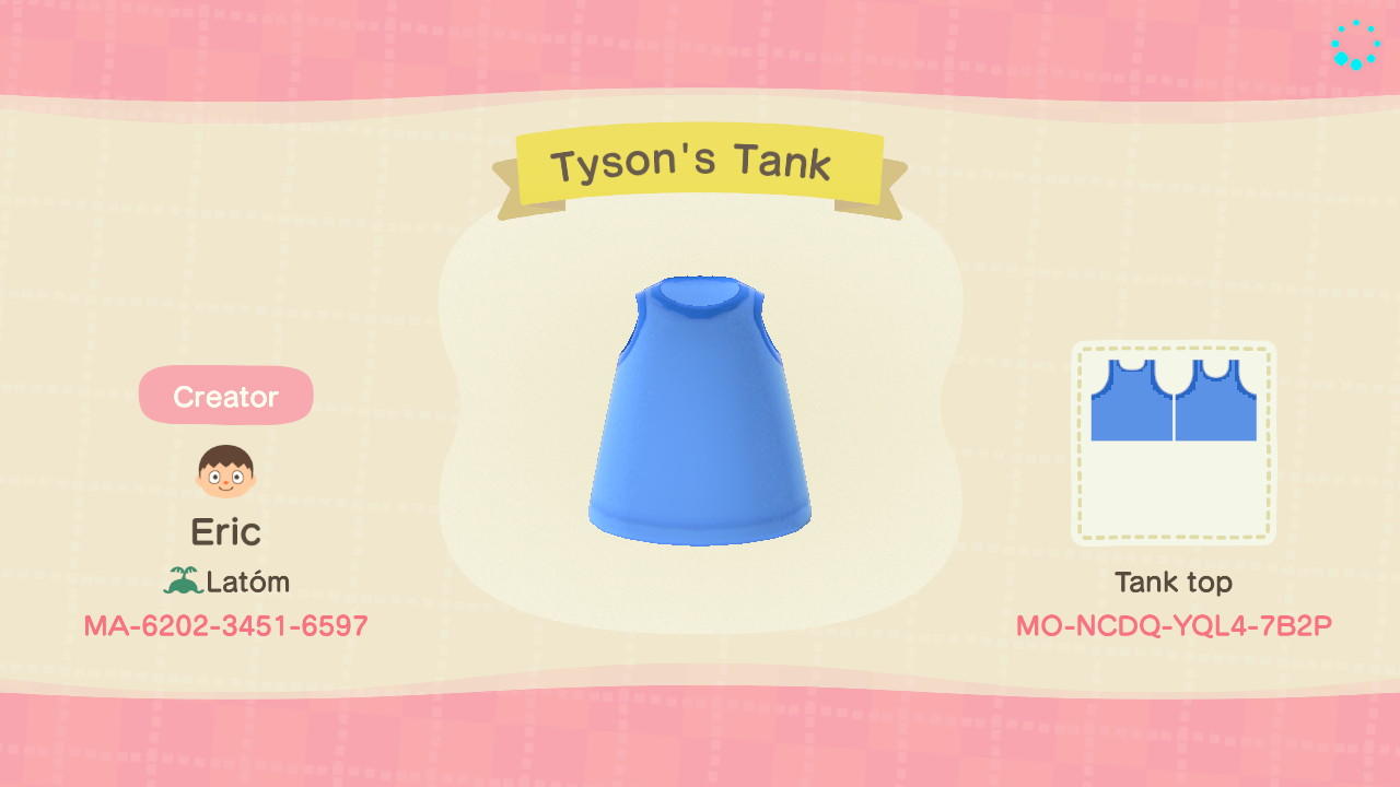 Animal Crossing Design Code: MO-NCDQ-YQL4-7B2P Tyson&#39;s Tank