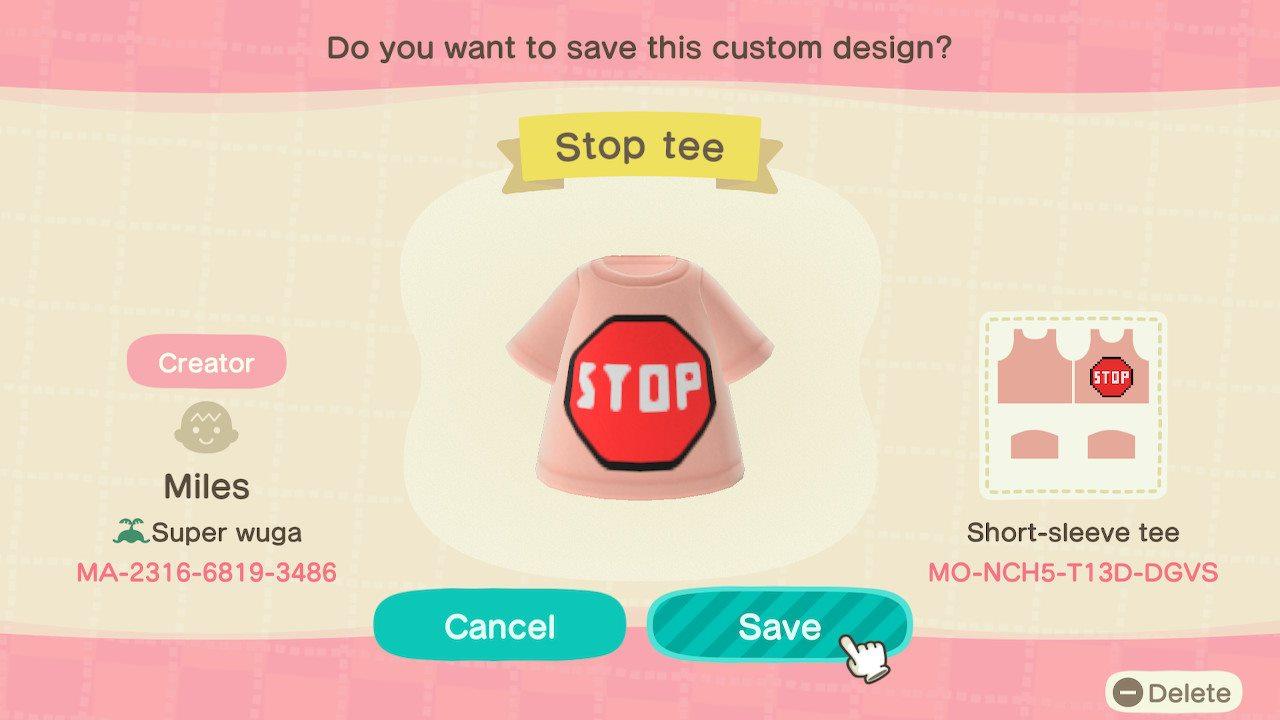 Animal Crossing Design Code: MO-NCH5-T13D-DGVS Stop Sign Tee