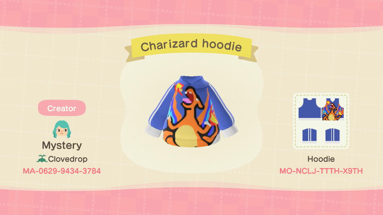 Animal Crossing Design Code: MO-NCLJ-TTTH-X9TH Charizard hoodie