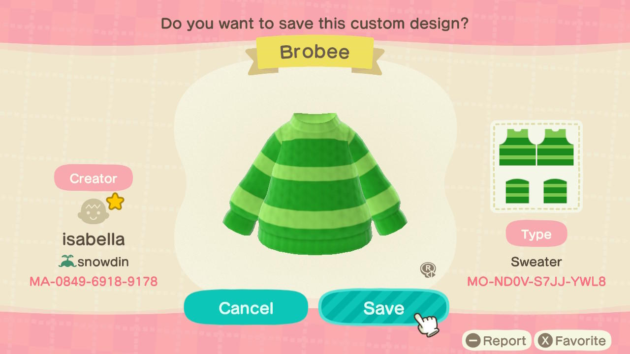 Animal Crossing Design Code: MO-ND0V-S7JJ-YWL8 Brobee