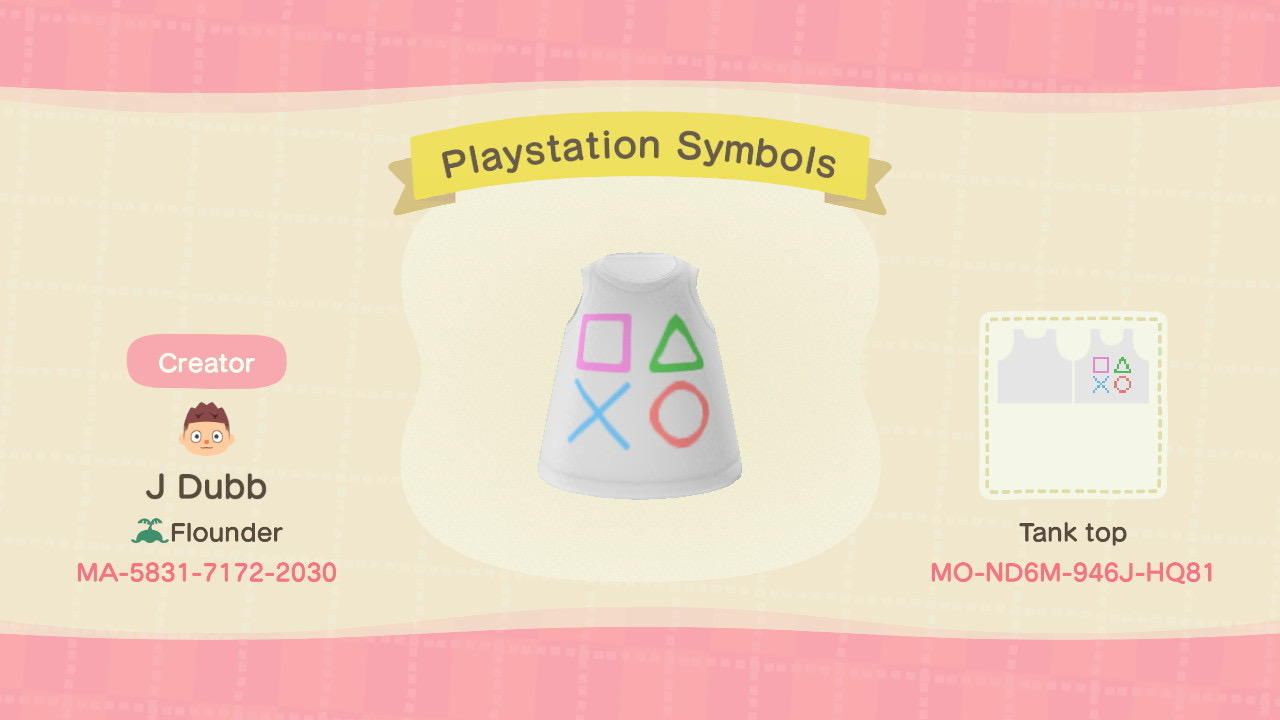 Animal Crossing Design Code: MO-ND6M-946J-HQ81 PlayStation Symbols