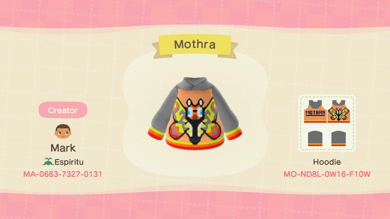 Animal Crossing Design Code: MO-ND8L-0W16-F10W Mothra Hoodie