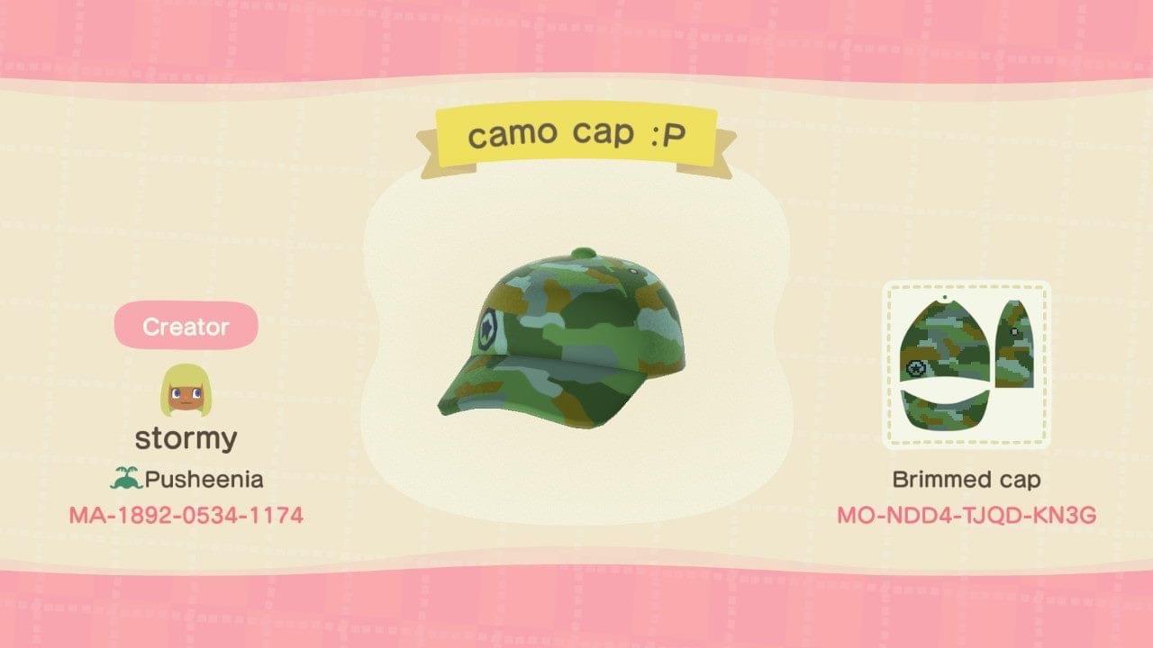 Animal Crossing Design Code: MO-NDD4-TJQD-KN3G camo cap :P