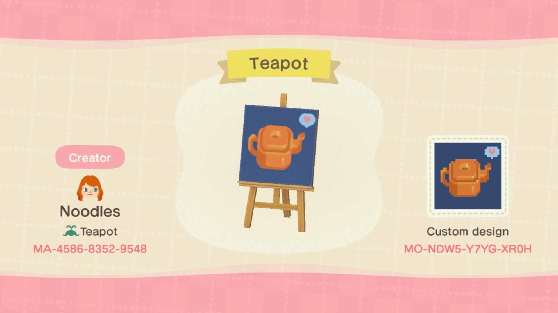 Animal Crossing Design Code: MO-NDW5-Y7YG-XR0H Teapot