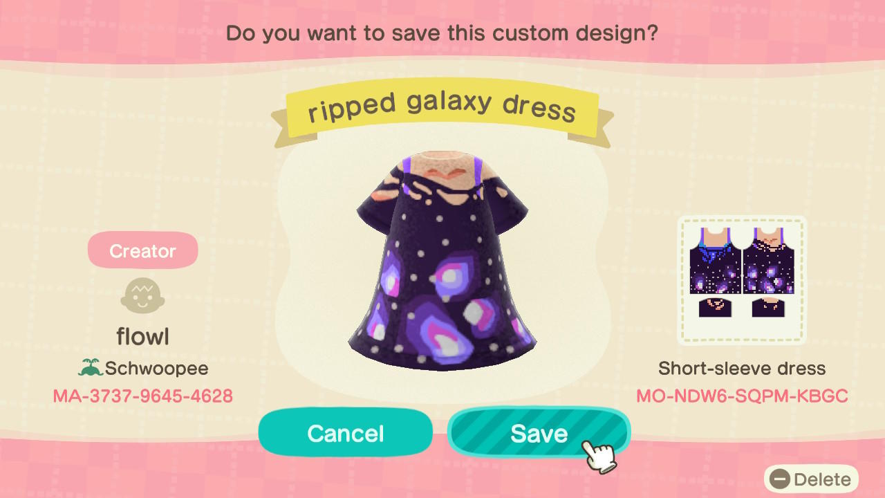 Animal Crossing Design Code: MO-NDW6-SQPM-KBGC Ripped Galaxy Dress