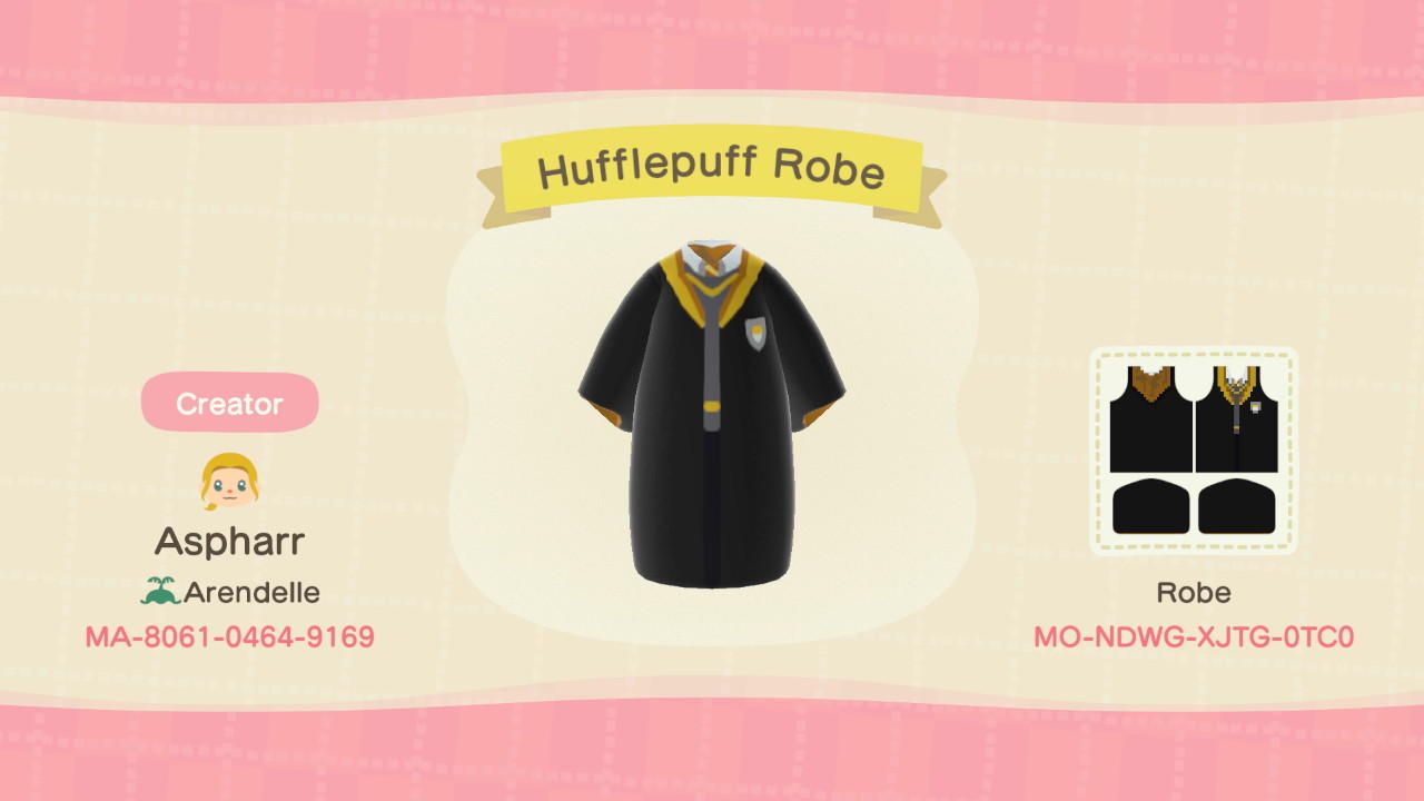 Animal Crossing Design Code: MO-NDWG-XJTG-0TC0 Hufflepuff Robe