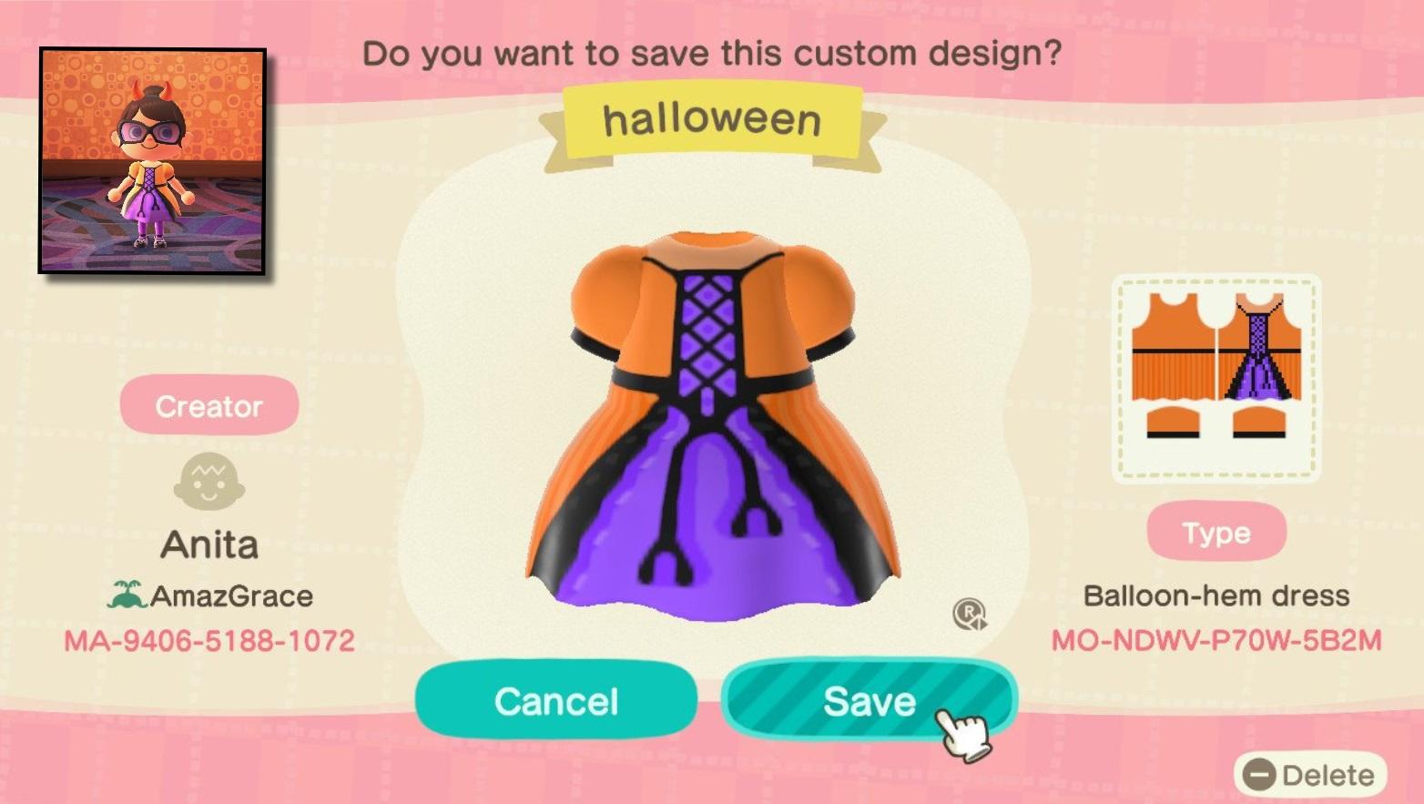 Animal Crossing Design Code: MO-NDWV-P70W-5B2M Halloween dress