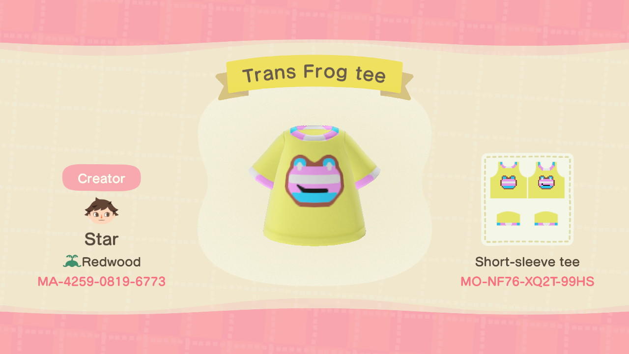Animal Crossing Design Code: MO-NF76-XQ2T-99HS Trans frog tee