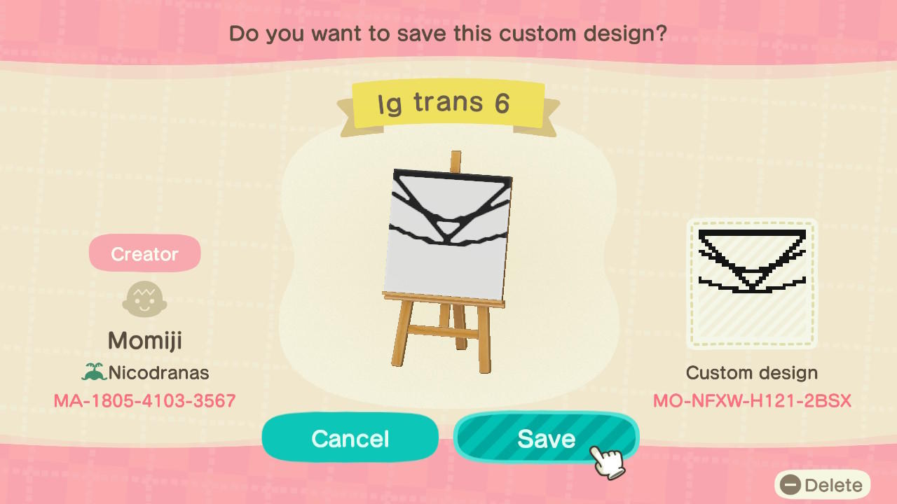 Animal Crossing Design Code: MO-NFXW-H121-2BSX Transmutation 6/8