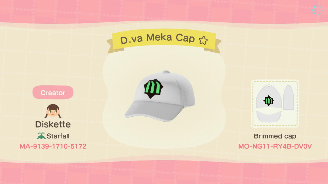 Animal Crossing Design Code: MO-NG11-RY4B-DV0V D.va Meka Cap