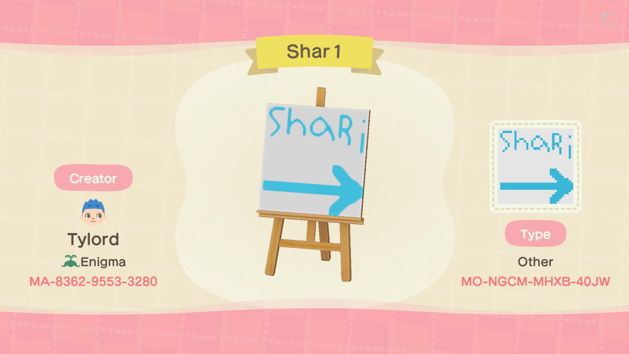 Animal Crossing Design Code: MO-NGCM-MHXB-40JW Shari --->