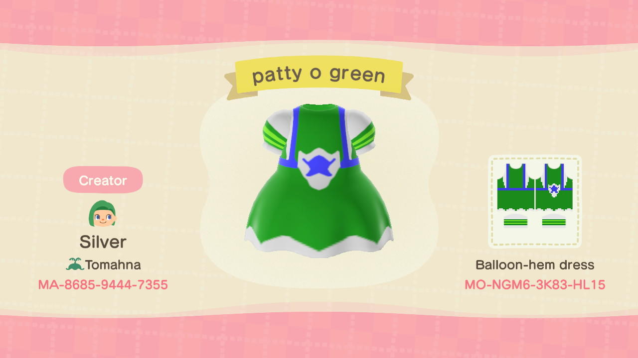 Animal Crossing Design Code: MO-NGM6-3K83-HL15 patty o green