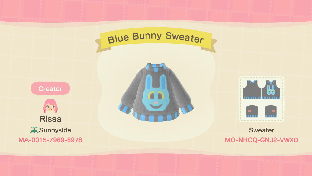 Animal Crossing Design Code: MO-NHCQ-GNJ2-VWXD Blue Bunny Sweater
