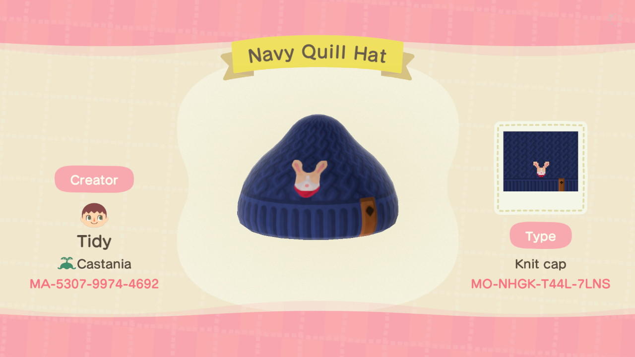 Animal Crossing Design Code: MO-NHGK-T44L-7LNS Navy Quill Beanie