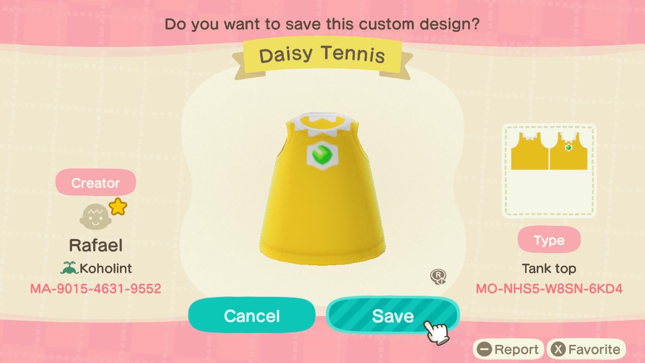 Animal Crossing Design Code: MO-NHS5-W8SN-6KD4 Daisy Tennis