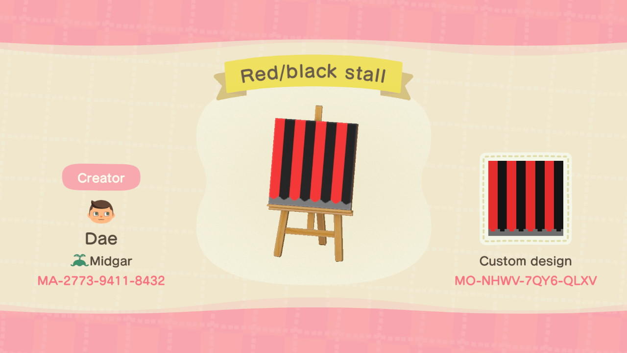 Animal Crossing Design Code: MO-NHWV-7QY6-QLXV Red black stall