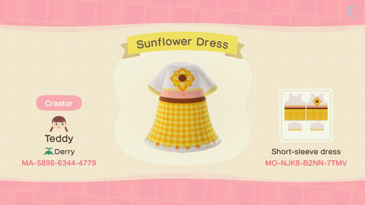 Animal Crossing Design Code: MO-NJK8-B2NN-7TMV Sunflower Dress
