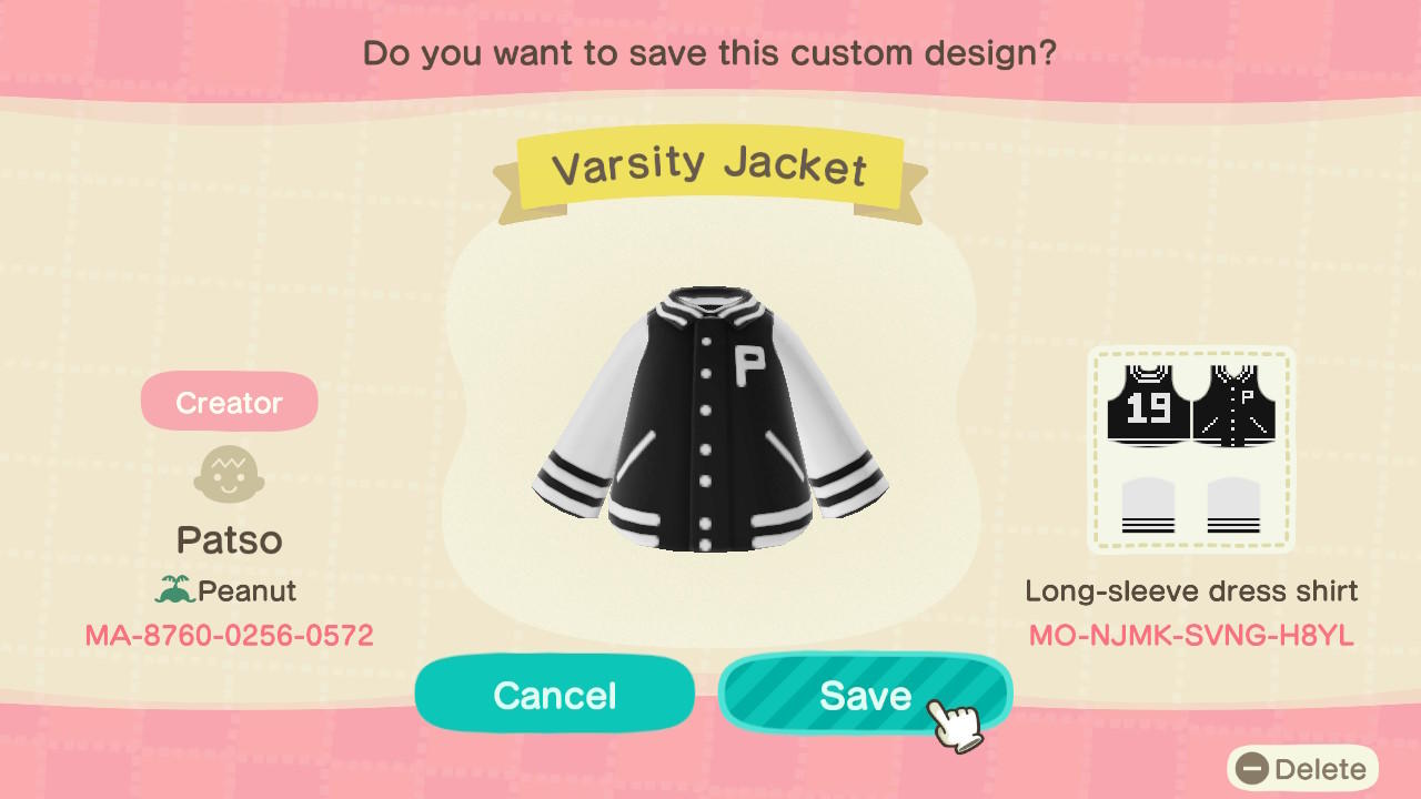 Animal Crossing Design Code: MO-NJMK-SVNG-H8YL Varsity Jacket