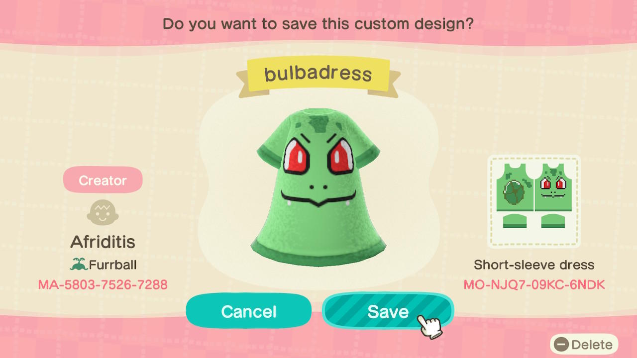 Animal Crossing Design Code: MO-NJQ7-09KC-6NDK BulbaDress