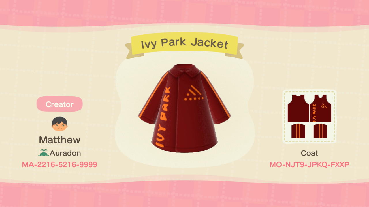 Animal Crossing Design Code: MO-NJT9-JPKQ-FXXP Ivy Park Jacket