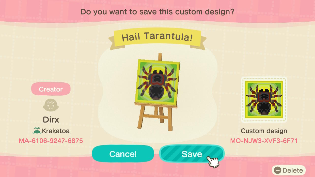 Animal Crossing Design Code: MO-NJW3-XVF3-6F71 Hail Tarantula