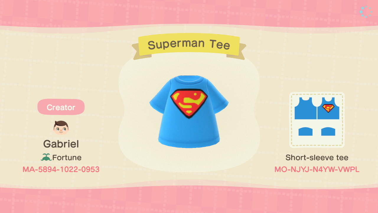 Animal Crossing Design Code: MO-NJYJ-N4YW-VWPL Superman Tee